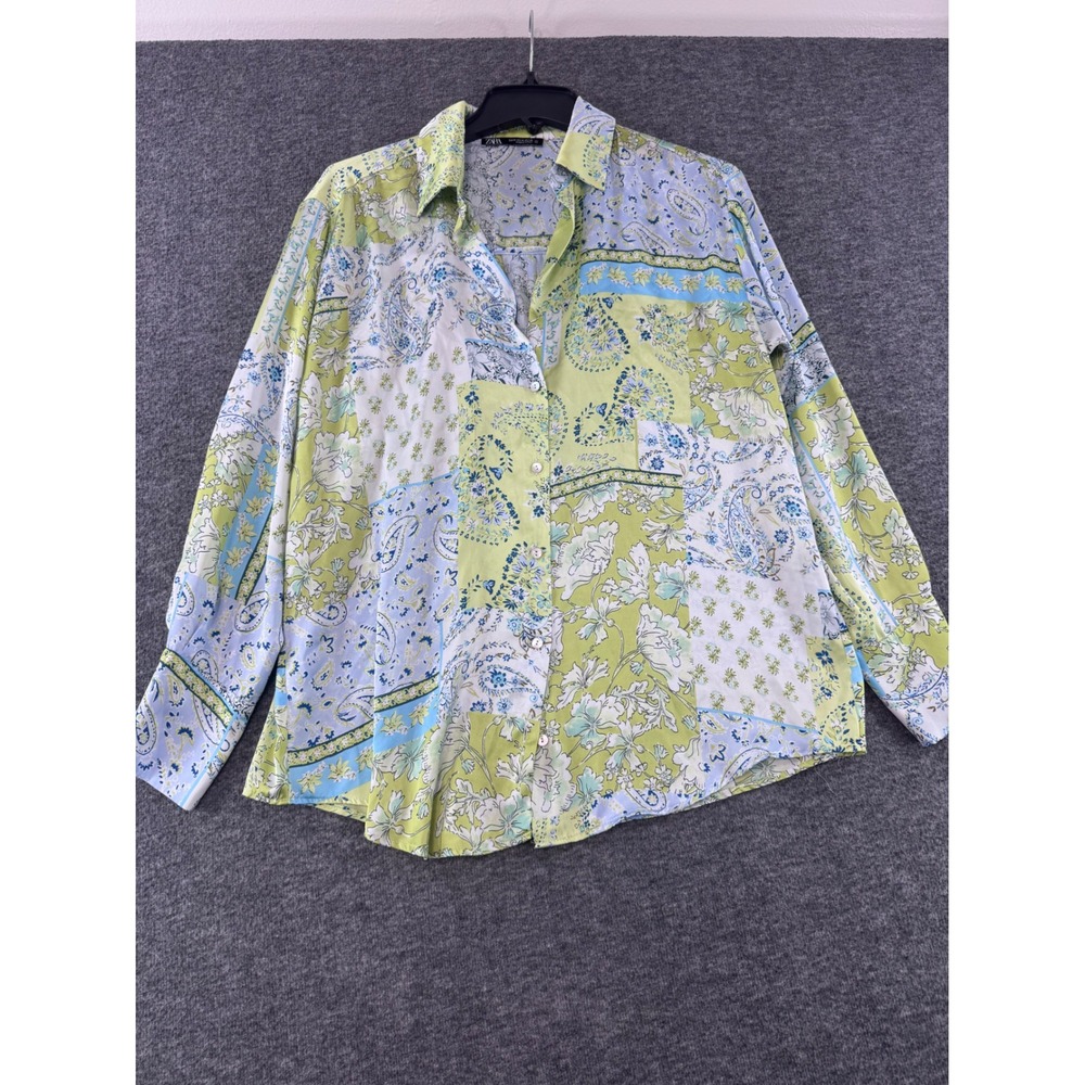 Zara Womens Patchwork Paisley Floral Button Down Blouse Green Blue Size Medium